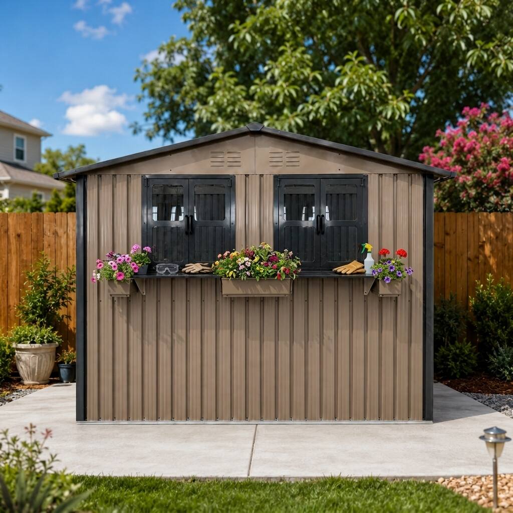 Back. Loheer - Loheer 6x9 Metal Storage Shed Outdoor Tool Shed with Window Lockable Double Doors Waterproof Garden Shed Brown Black.