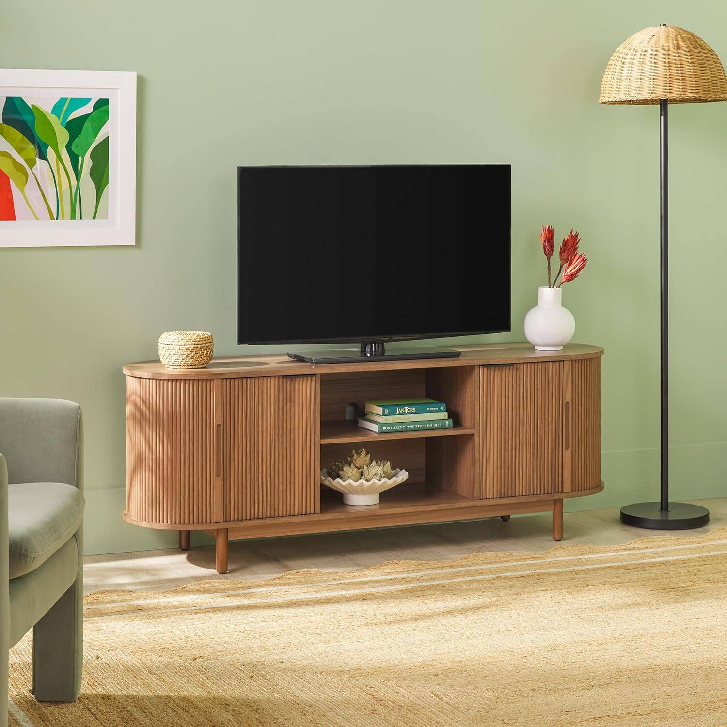 Angle. Walker Edison - Modern Reeded 60” TV Stand with Open and Concealed Storage - Mocha.
