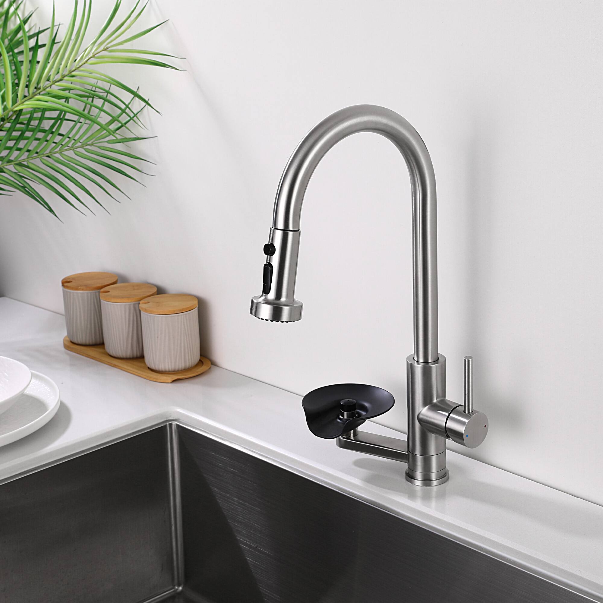 Angle. APRILSOUL - 3in1 Kitchen Faucet with Press-Type Glass Rinser High-Arc Pull-Down Sprayer Faucet 3 Function Spray Mode Brushed Nickel - Brushed Nickel.