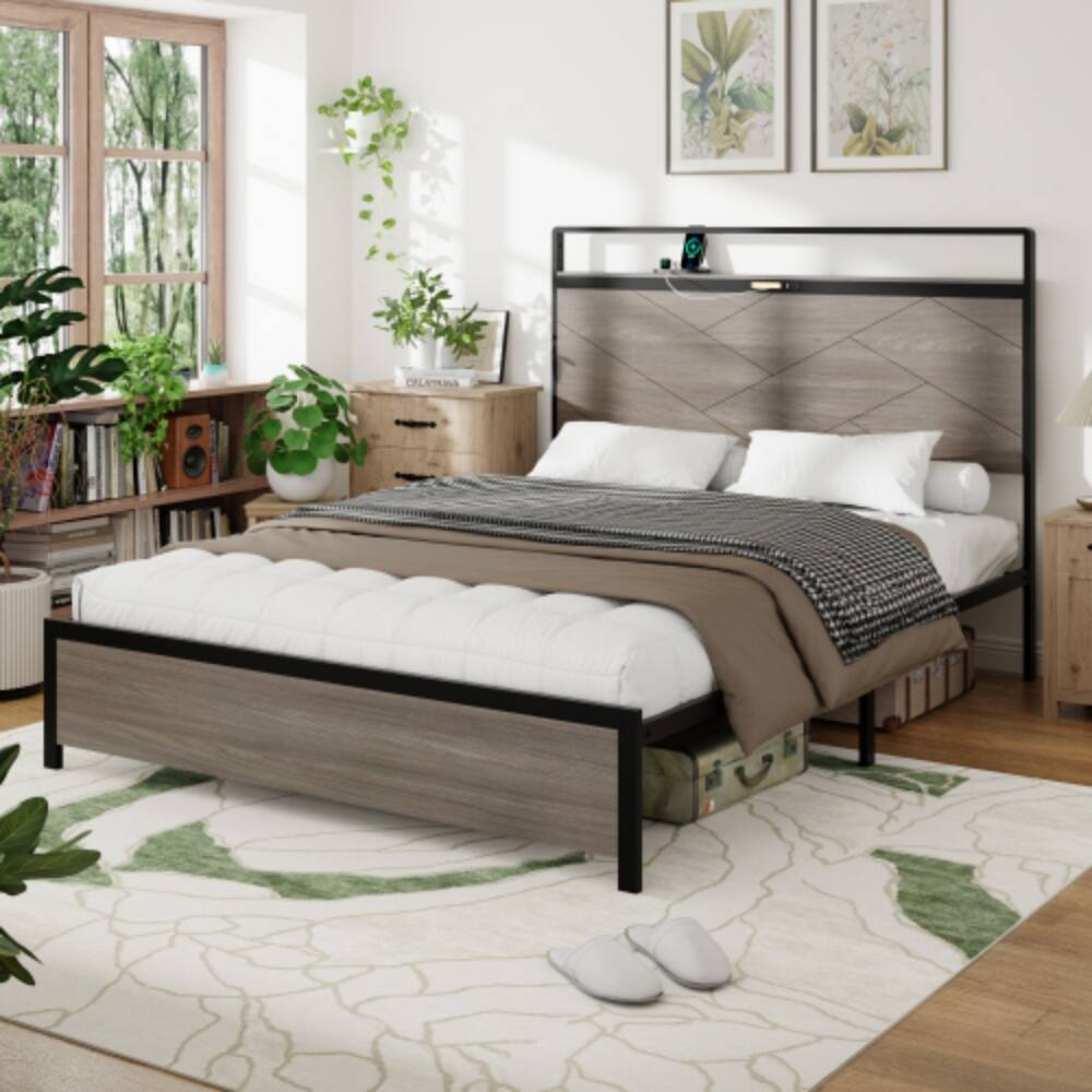 Angle. LUCKY ONE - Full Size Wooden Platform Bed Frame with Storage LED Headboard, USB Charging, Metal Frame, No Box Spring Needed - Antique Grey.