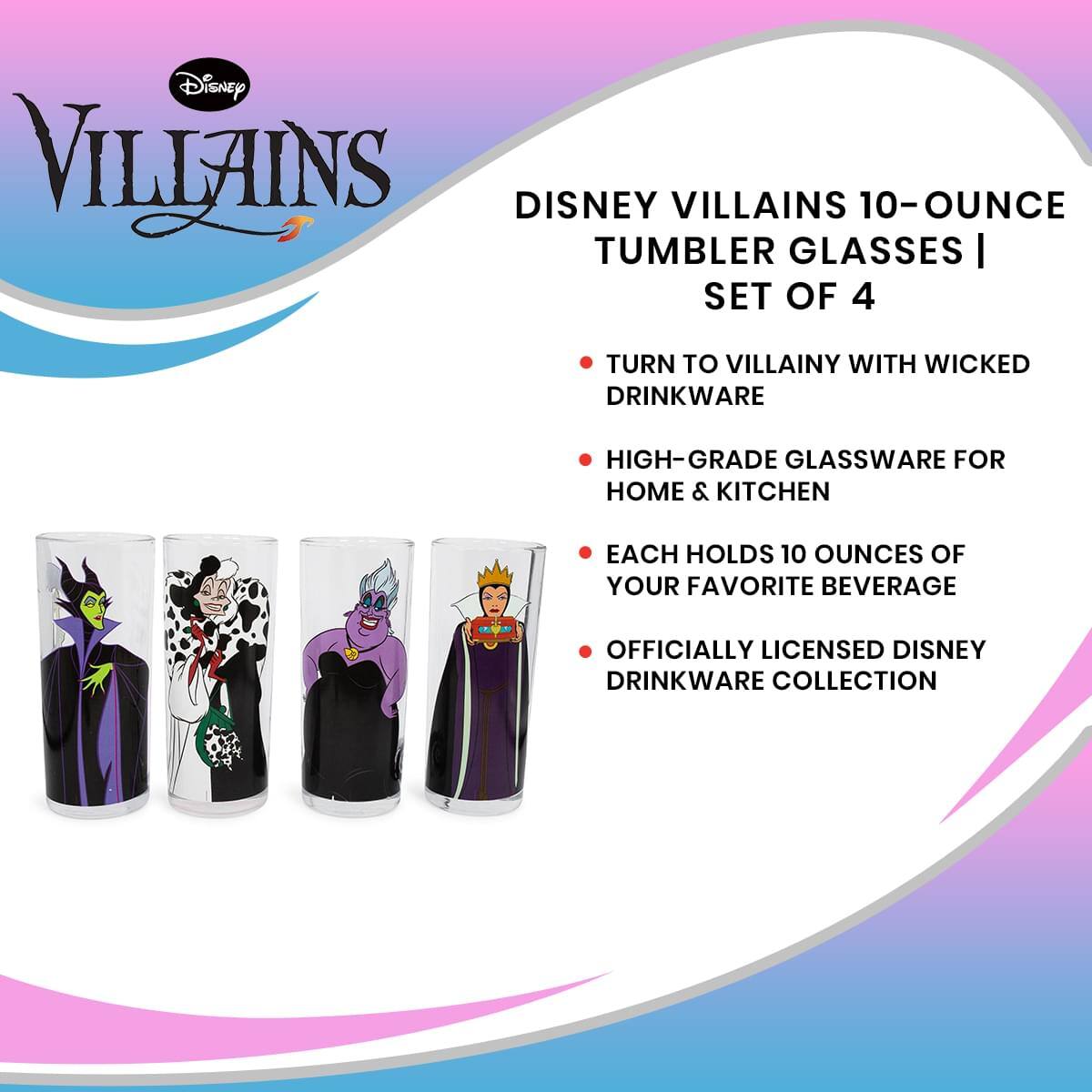 Disney Villains 10-Ounce Tumbler Glasses | Set of 4

- Turn to villainy with wicked drinkware
- High-grade glassware for home & kitchen
- Each holds 10 ounces of your favorite beverage
- Officially licensed Disney drinkware collection