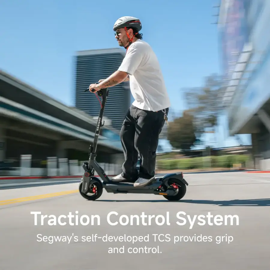 The text on the image reads: "Traction Control System Segway's self-developed TCS provides grip and control."