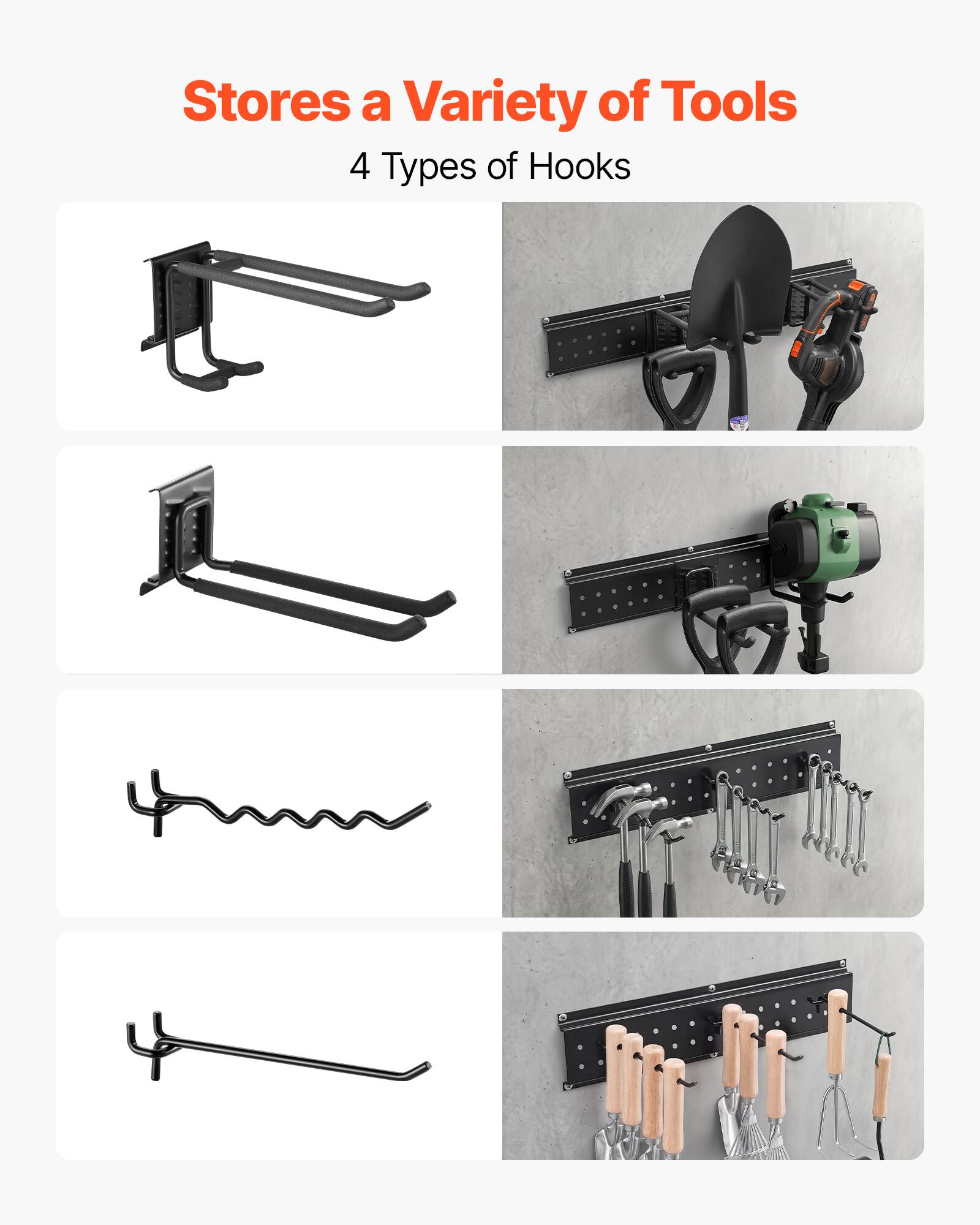 Stores a Variety of Tools  
4 Types of Hooks