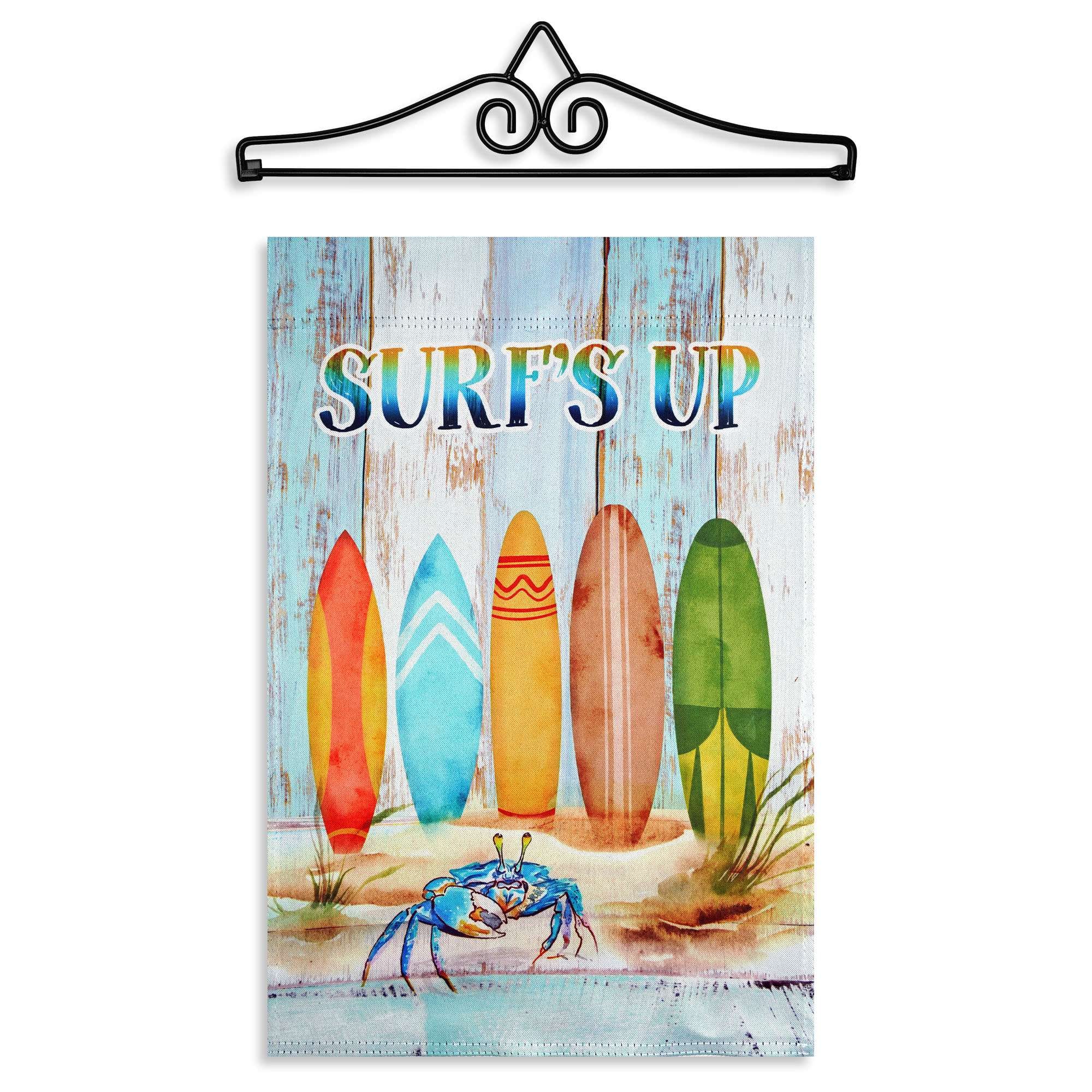 G128 - 12x18IN Surfs Up Surfboard Beach Garden Flag with 14IN Hanger - Multicolor