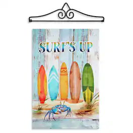 G128 - 12x18IN Surfs Up Surfboard Beach Garden Flag with 14IN Hanger - Multicolor