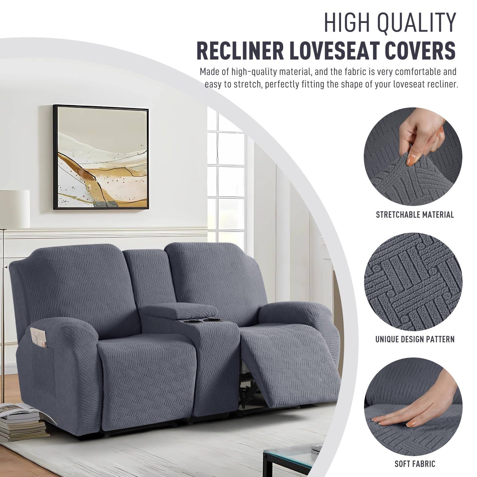 HIGH QUALITY RECLINER LOVESEAT COVERS

Made of high-quality material, and the fabric is very comfortable and easy to stretch, perfectly fitting the shape of your loveseat recliner.

- STRETCHABLE MATERIAL
- UNIQUE DESIGN PATTERN
- SOFT FABRIC