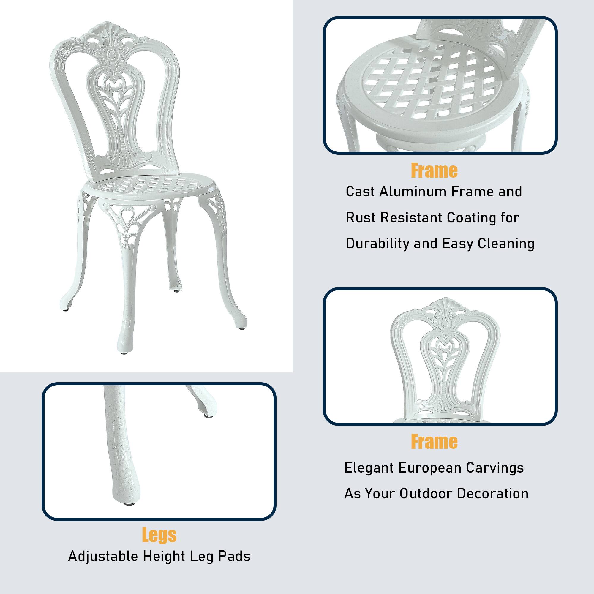 - Frame: Cast Aluminum Frame and Rust Resistant Coating for Durability and Easy Cleaning
- Frame: Elegant European Carvings As Your Outdoor Decoration
- Legs: Adjustable Height Leg Pads