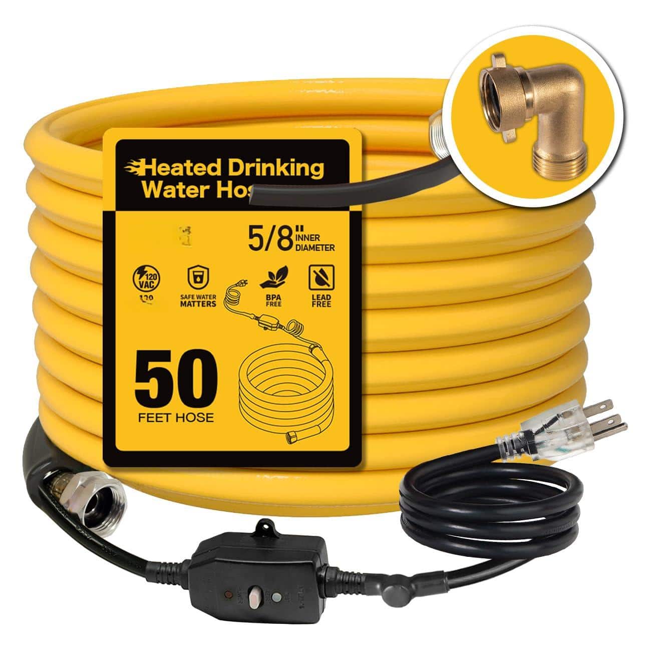 JETRANSPORT - Heated Water Hose For Rv Camper With 90 Degree Elbow 372 Drinking Certified Garden Automatic Thermostat - 50 FT