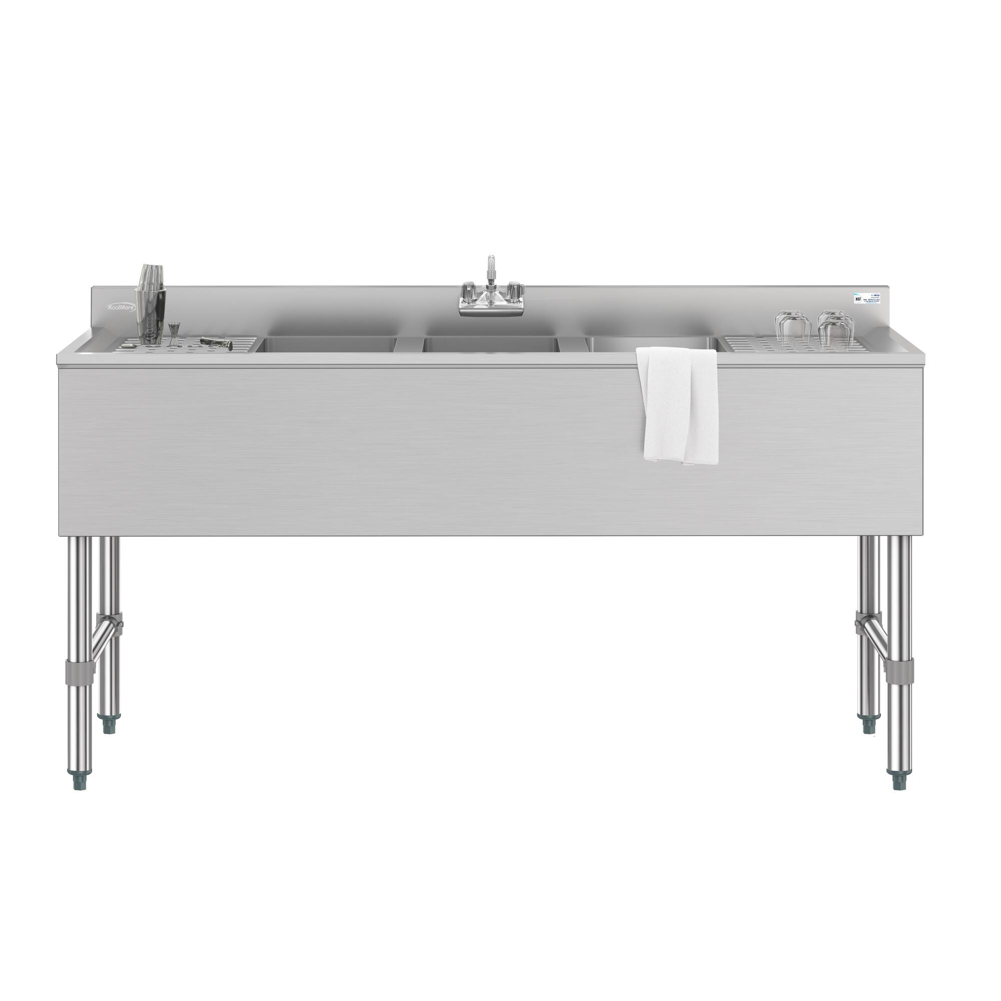 Front. Koolmore - 60 in. Three-Compartment  Bar-Sink with 3 in. Backsplash, Dual Drainboards with Low Lead Faucet, NSF Certified - Stainless Steel.