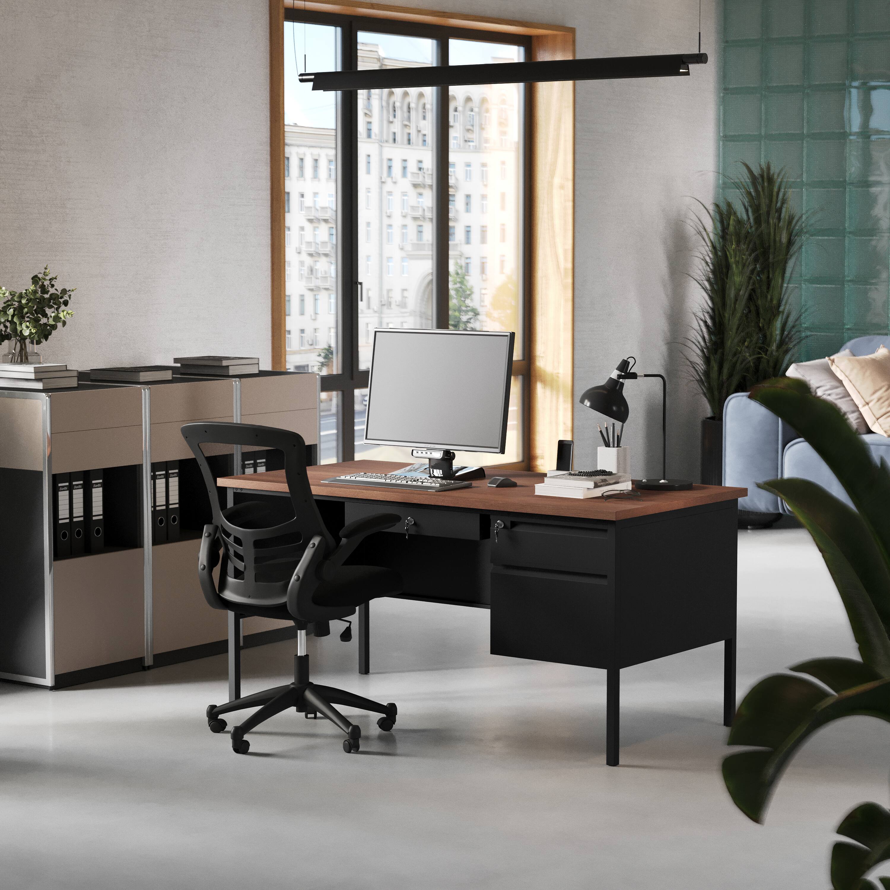 Alt View 2. Flash Furniture - Cambridge Commercial Grade 30x60 Right Side Single Pedestal Desk with 3 Locking Drawers, Walnut Top and Black Frame - Brown.