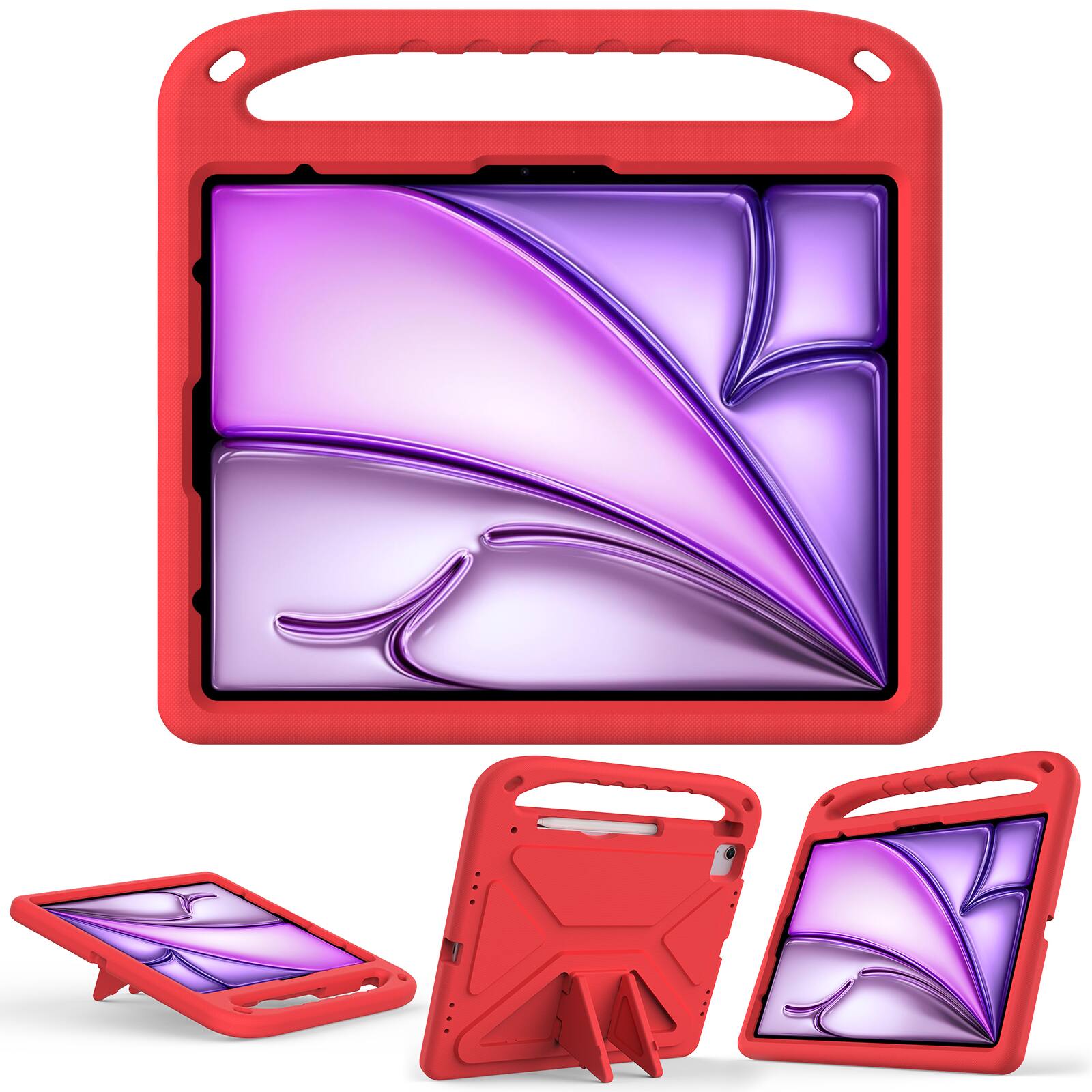 Angle. Dteck - For iPad Air 13 M4(2026)/(2025)/(2024) Rugged Case Kids Friendly EVA Handle Grip Pencil Holder Kickstand Cover - Red.