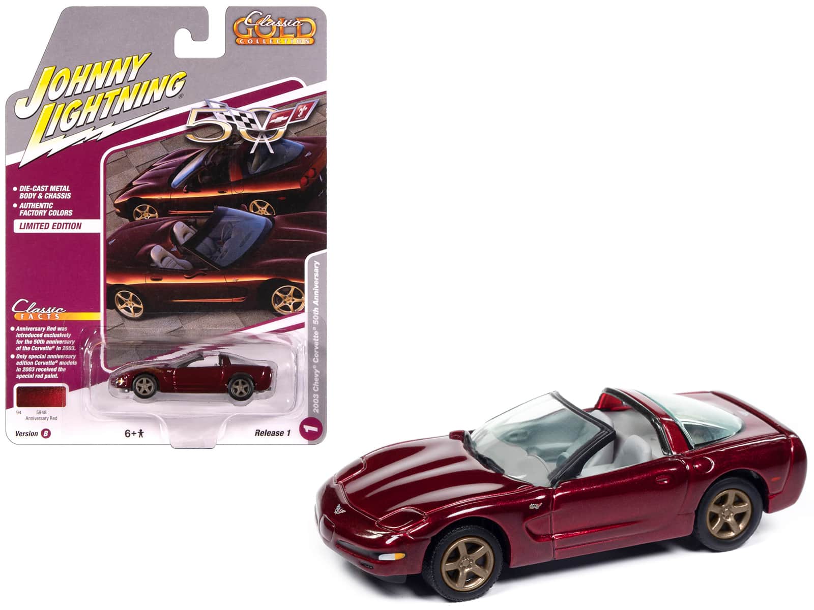 Johnny Lightning - 2003 Chevrolet Corvette Convertible "50th Anniversary" Anniversary "Classic Gold Collection" 1/64 - Red Metallic