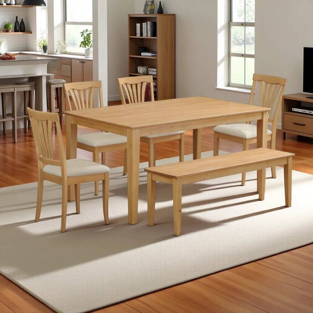 Back. FurniFact - Classic 6-Piece Dining Table Set with Chairs and Bench for Family Meals - Oak.