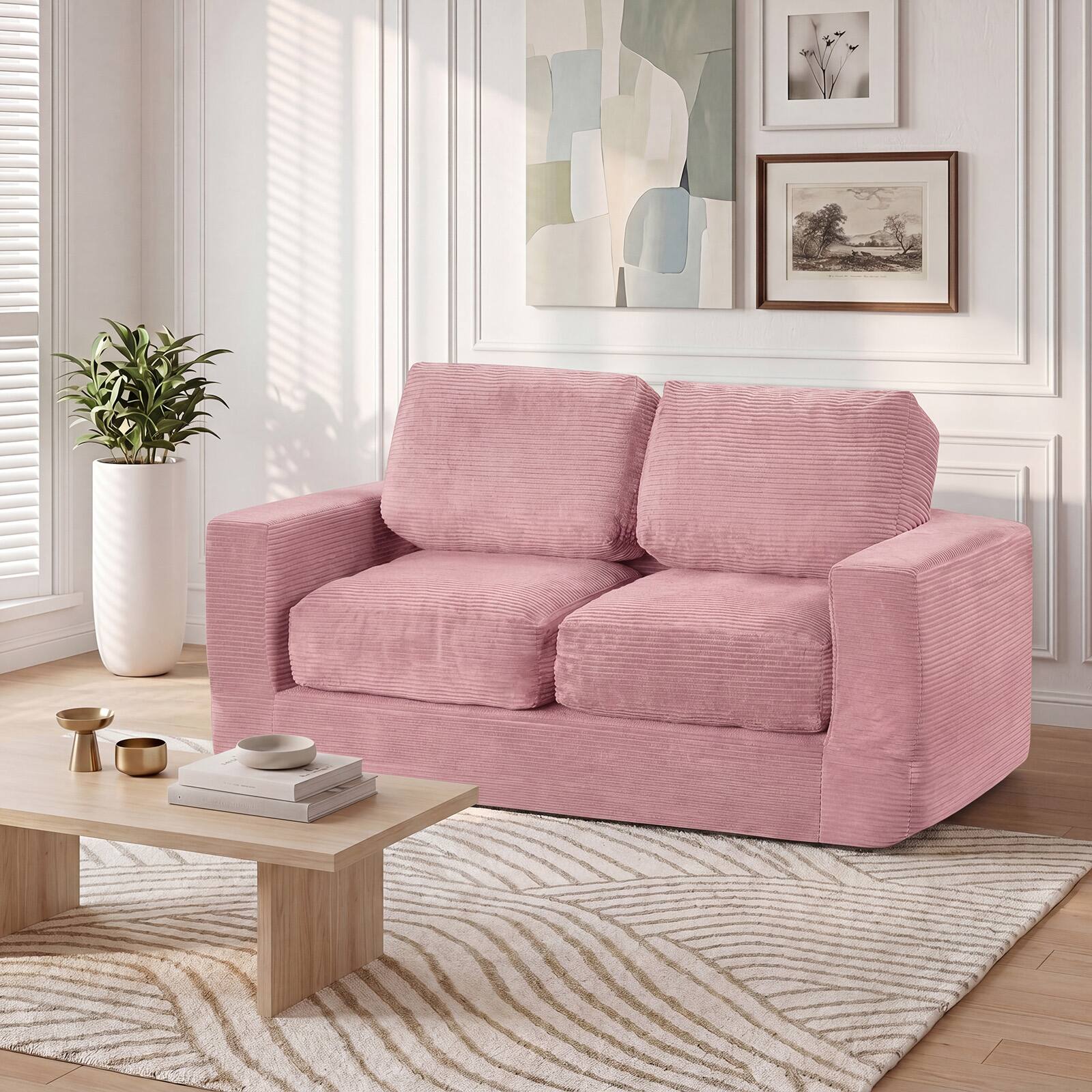 Alt View 1. Costway - Costway Floor Couch, Loveseat Foam Sofa with Removable Corduroy Cover, Back & Seat Cushions - Pink.