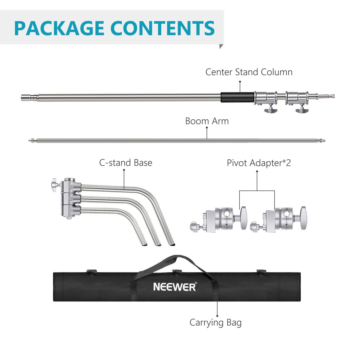 PACKAGE CONTENTS

- Center Stand Column
- Boom Arm
- C-stand Base
- Pivot Adapter*2
- NEEWER Carrying Bag