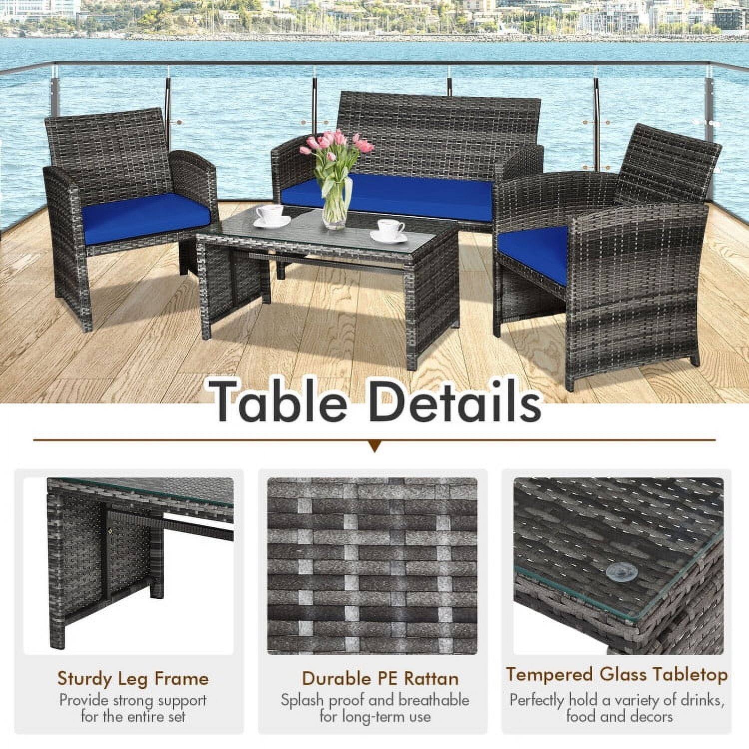 Table Details

- Sturdy Leg Frame: Provide strong support for the entire set
- Durable PE Rattan: Splash proof and breathable
- Tempered Glass Tabletop: Perfectly hold a variety of drinks, food, and decor