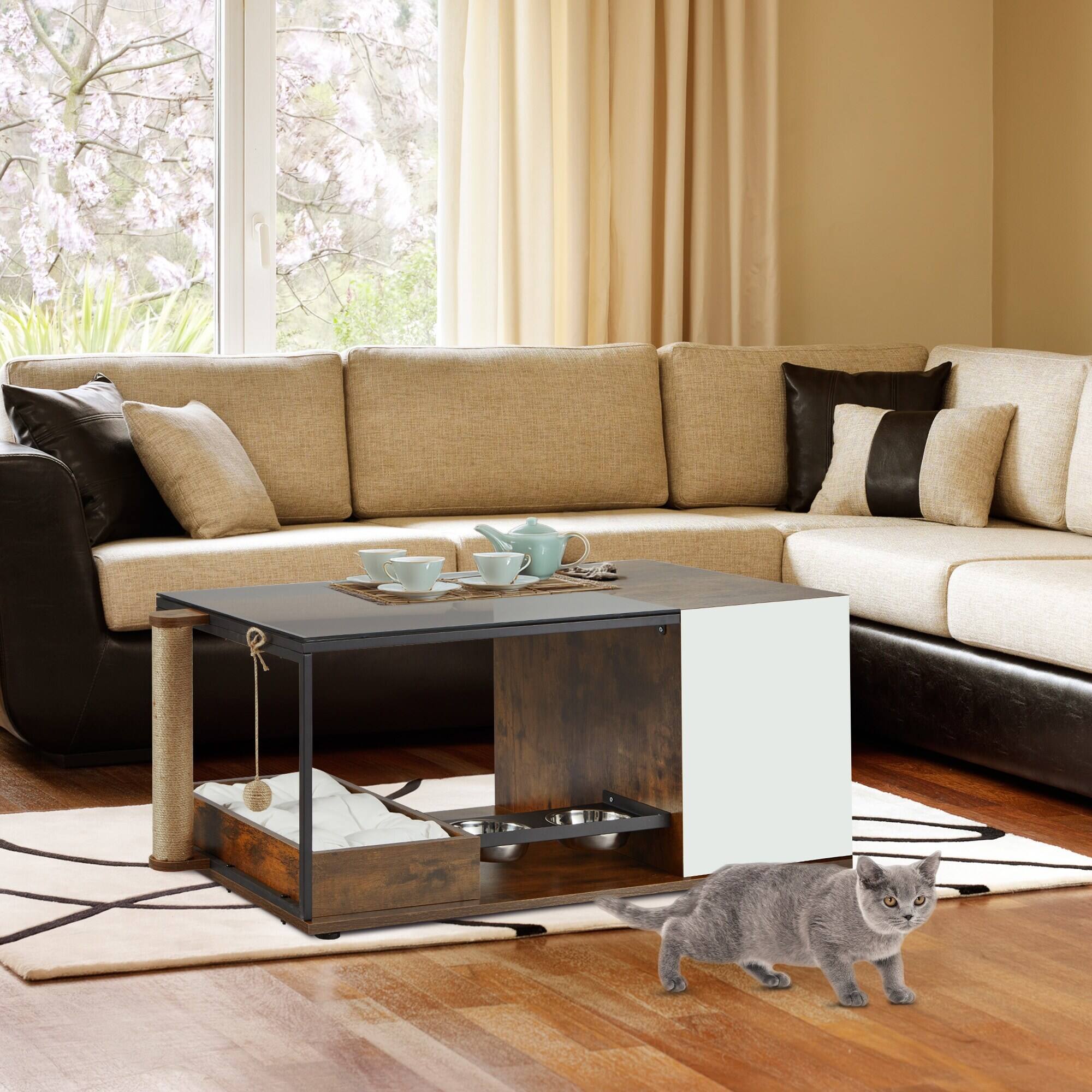 Angle. U-HOMY - Cat Coffee Table with Feeding Station, Scratching Post, Storage Cabinets & Cat Condos for Living Room - White.