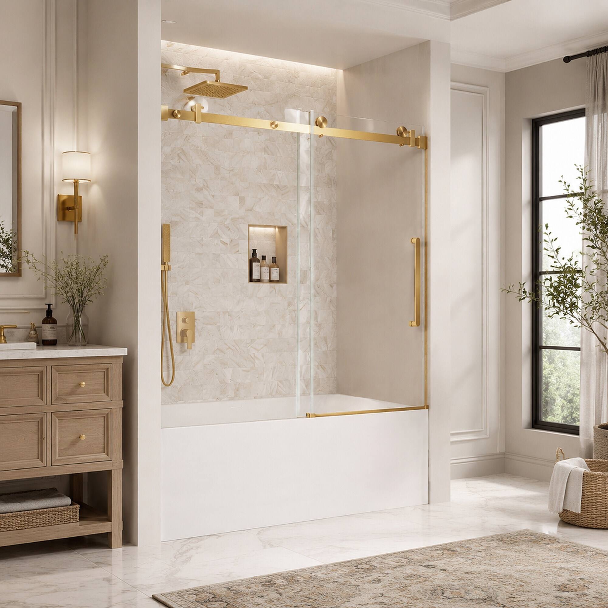 Angle. RYHNUYNE - 56-60 In W X 60 In H Frameless Single Sliding Shower Door, 1/4 In Clear Tempered Glass With Handle Brushed Gold Finish - Brushed Gold.