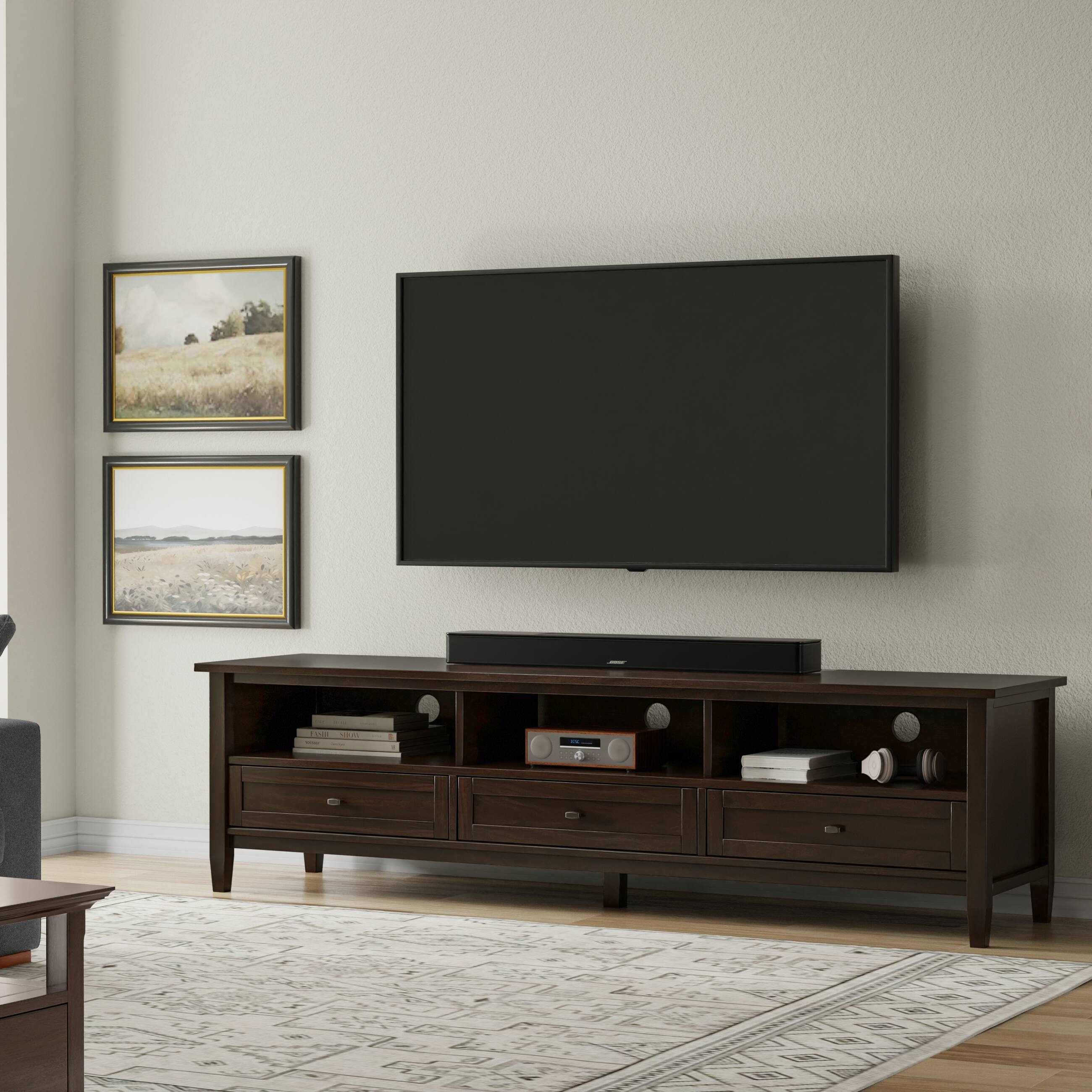 Left. Simpli Home - Warm Shaker SOLID WOOD 72 inch Low TV Media Stand in Tobacco Brown For TVs up to 80 inches - Tobacco Brown.