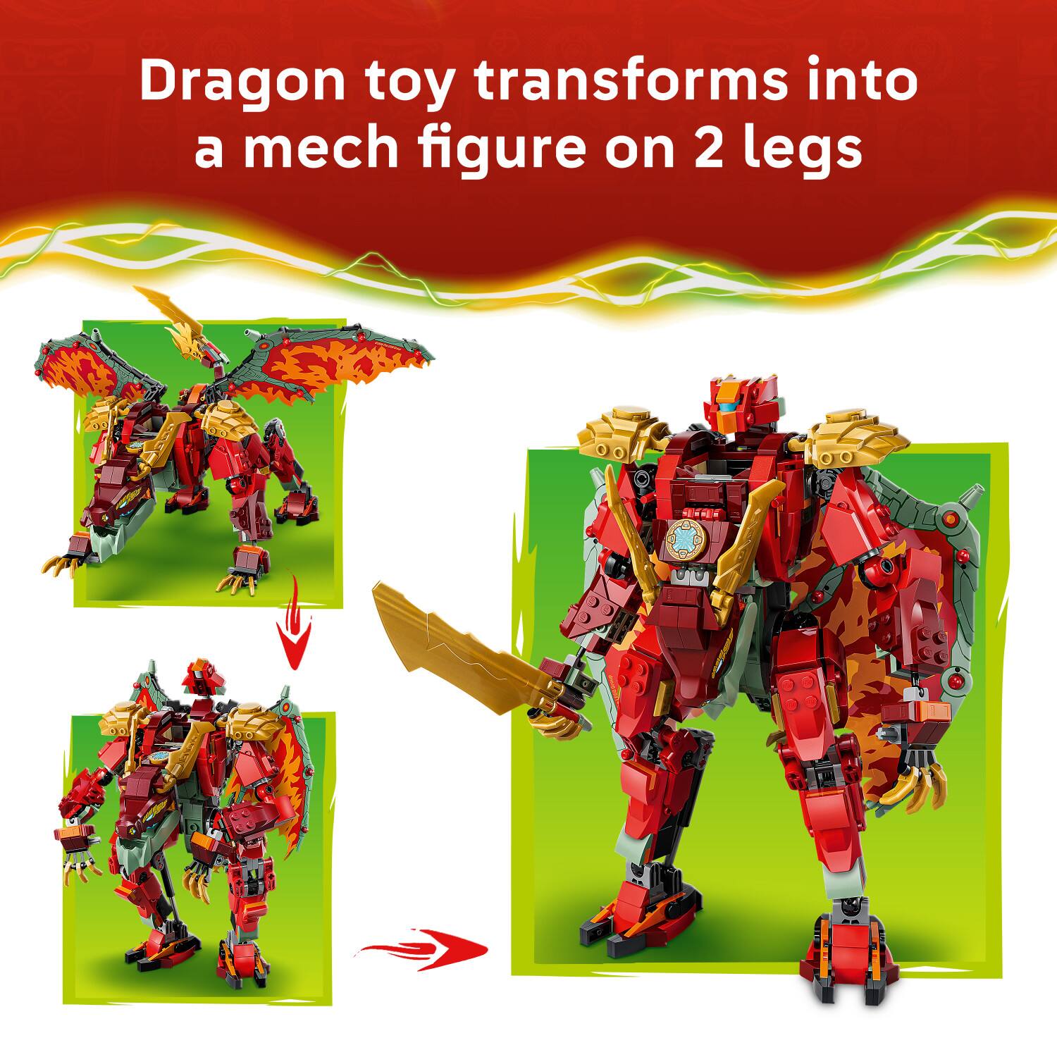 Dragon toy transforms into a mech figure on 2 legs