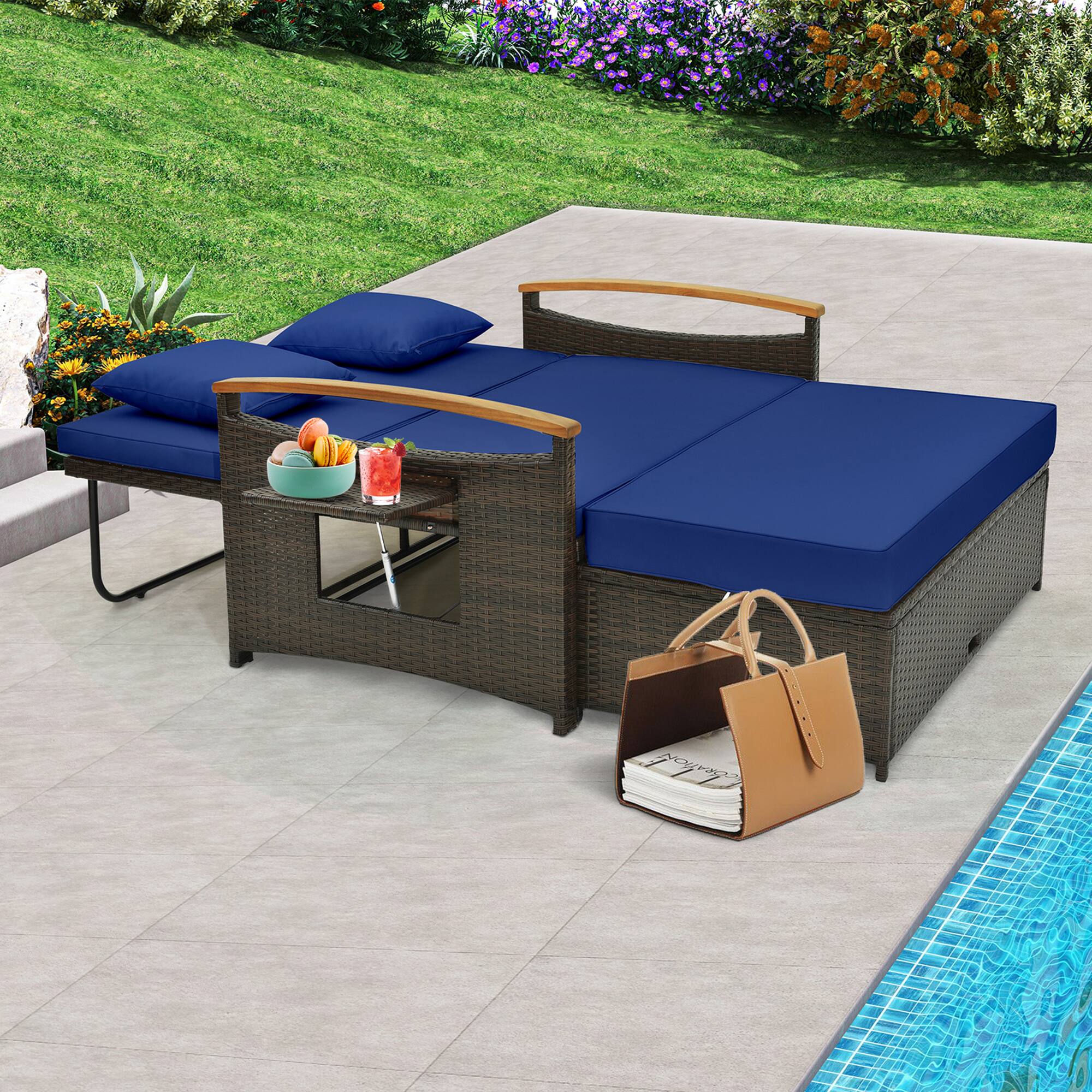 Alt View 4. Gymax - Gymax Outdoor Wicker Daybed Patio Loveseat & Storage Ottoman Set w/ Navy Cushions - Navy.