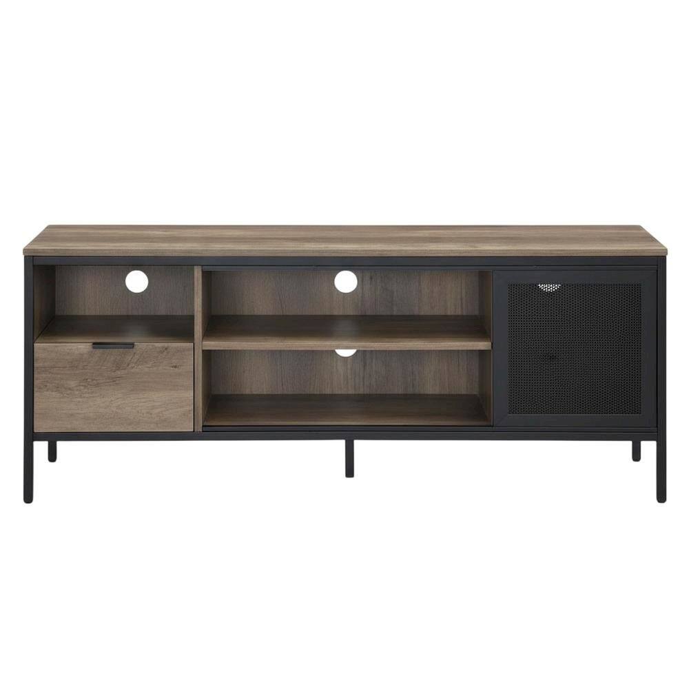 Alt View 3. FurniFact - Industrial-style TV stand in Rustic Oak and Black finish with metal accents - Gray.