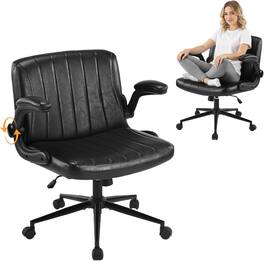 Winado - PU Leather Criss Cross Legged Chair with Adjustable Flip-Up Arms, Wheels for Home Office Desk Chair, Vanity, Bedroom - Black