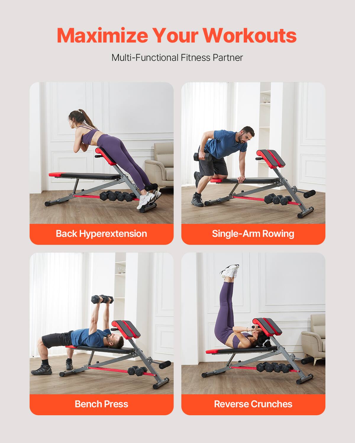 Maximize Your Workouts  
Multi-Functional Fitness Partner  

- Back Hyperextension  
- Single-Arm Rowing  
- Bench Press  
- Reverse Crunches