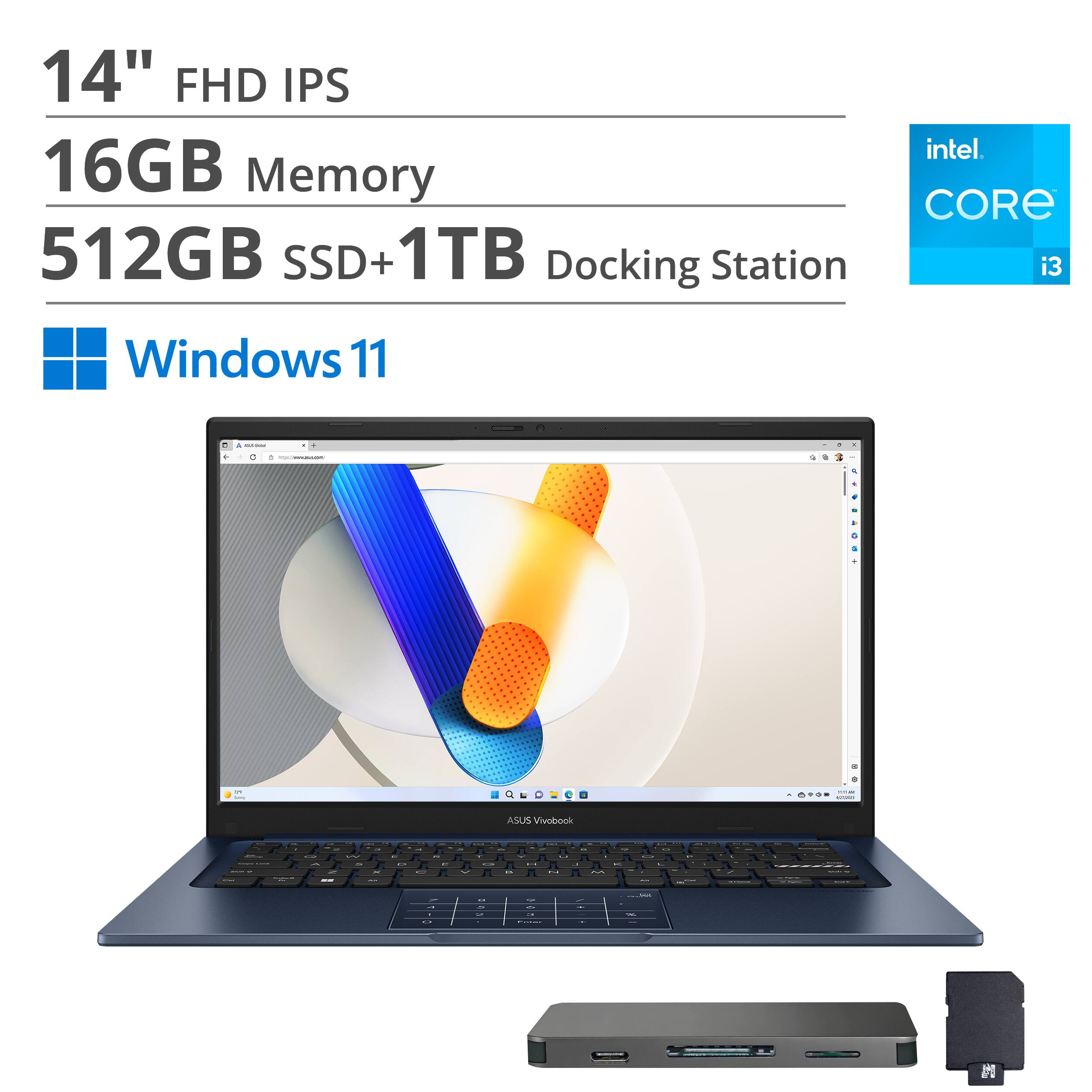 14" FHD IPS  
16GB Memory  
512GB SSD + 1TB  
Docking Station  
Intel Core i3  
Windows 11  
ASUS Vivobook