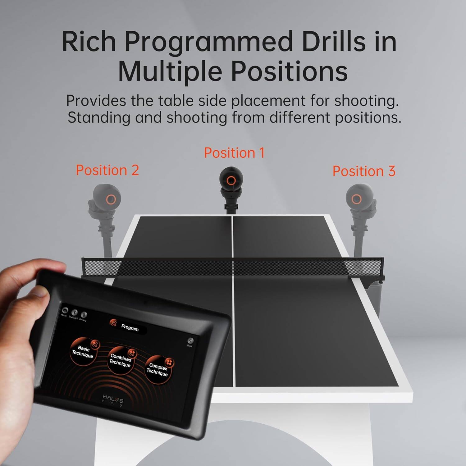 Rich Programmed Drills in Multiple Positions

Provides the table side placement for shooting. Standing and shooting from different positions.

Position 1
Position 2
Position 3

1. Program
   - Basic Technique
   - Combined Technique
   - Complex Technique

HALJ