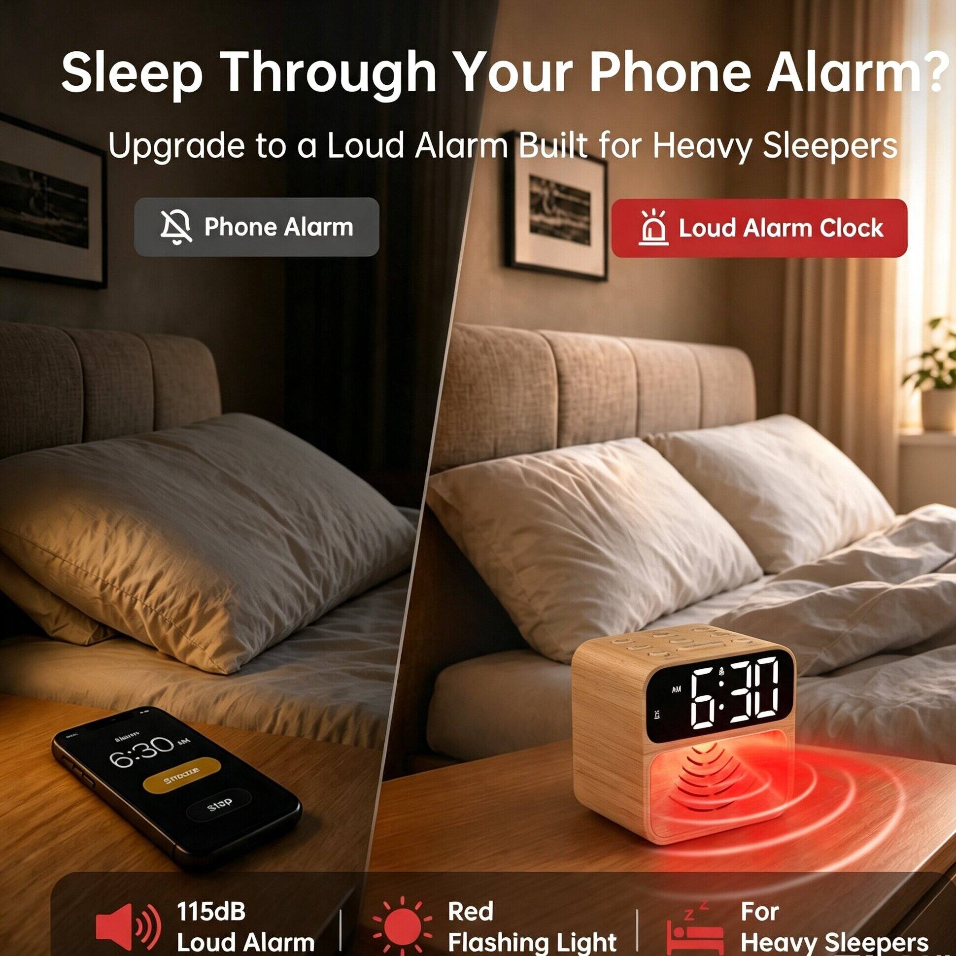 Sleep Through Your Phone Alarm? Upgrade to a Loud Alarm Built for Heavy Sleepers

Phone Alarm

Loud Alarm Clock

6:30

115dB Loud Alarm

Red Flashing Light

For Heavy Sleepers