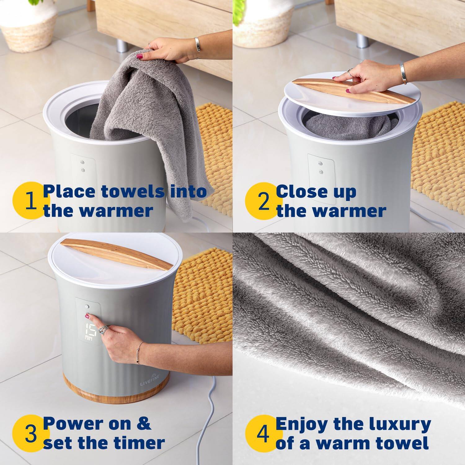 1. Place towels into the warmer

2. Close up the warmer

3. Power on & set the timer

4. Enjoy the luxury of a warm towel
