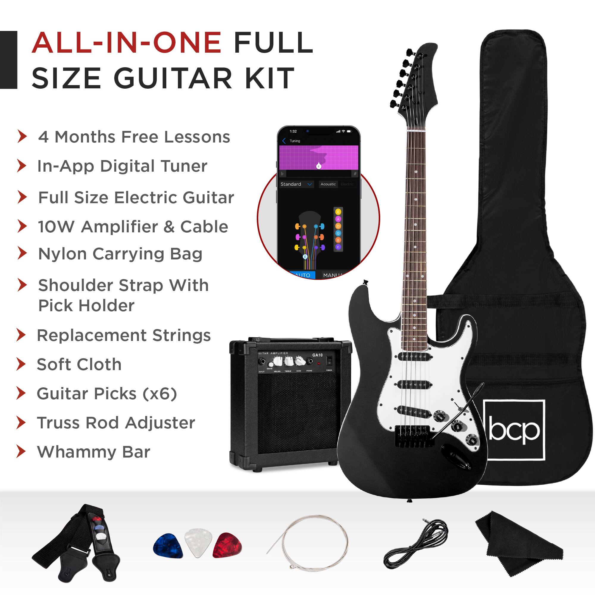 ALL-IN-ONE FULL SIZE GUITAR KIT

- 4 Months Free Lessons
- In-App Digital Tuner
- Full Size Electric Guitar
- 10W Amplifier & Cable
- Nylon Carrying Bag
- Shoulder Strap With Pick Holder
- Replacement Strings
- Soft Cloth
- Guitar Picks (x6)
- Truss Rod Adjuster
- Whammy Bar