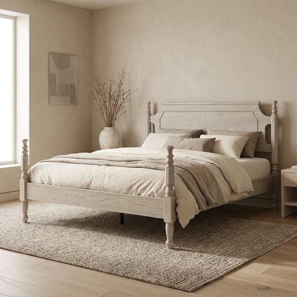 Alt View 5. FurniFact - Solid Wood Platform Bed with Headboard - Driftwood Gray Oak.