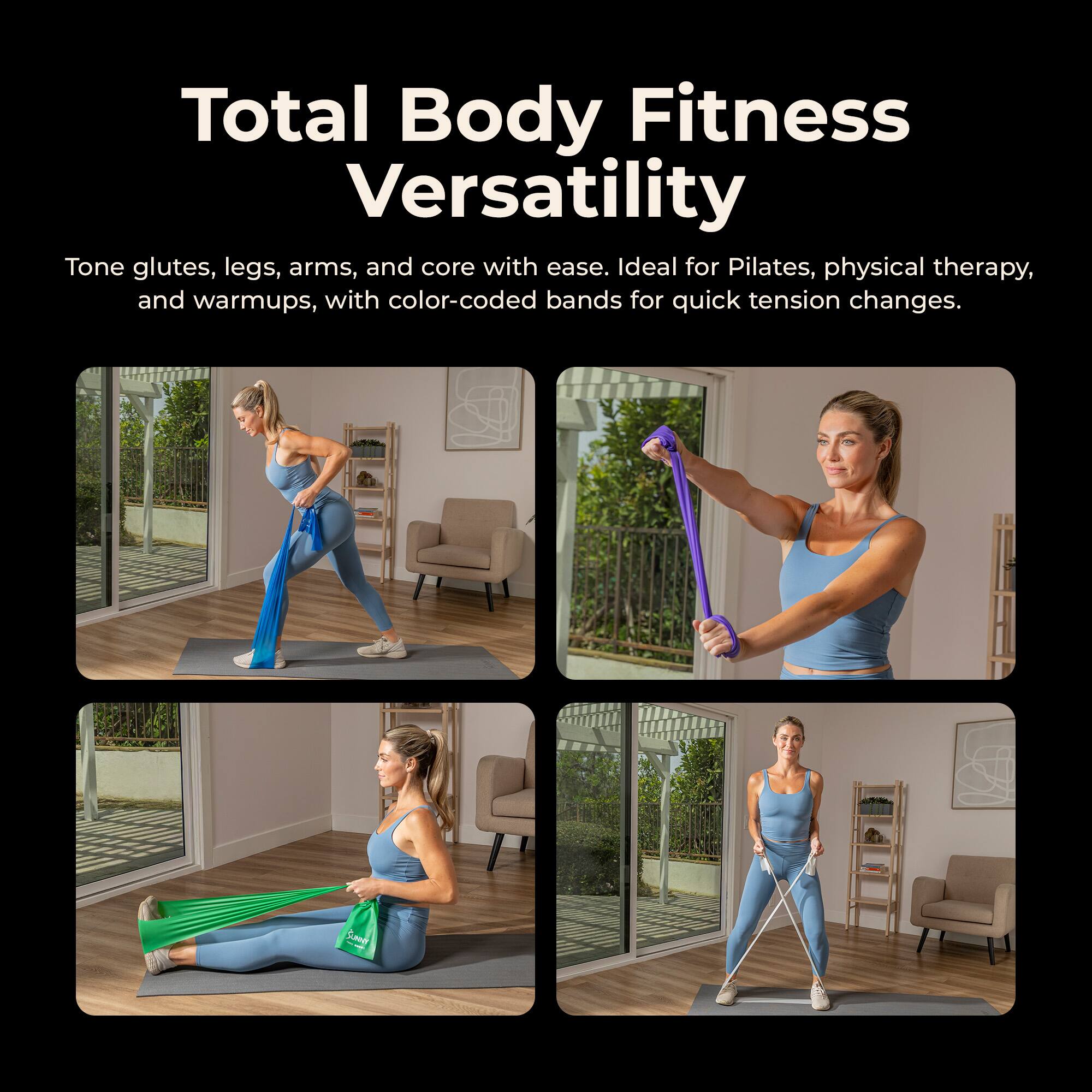 Total Body Fitness Versatility

Tone glutes, legs, arms, and core with ease. Ideal for Pilates, physical therapy, and warmups, with color-coded bands for quick tension changes.