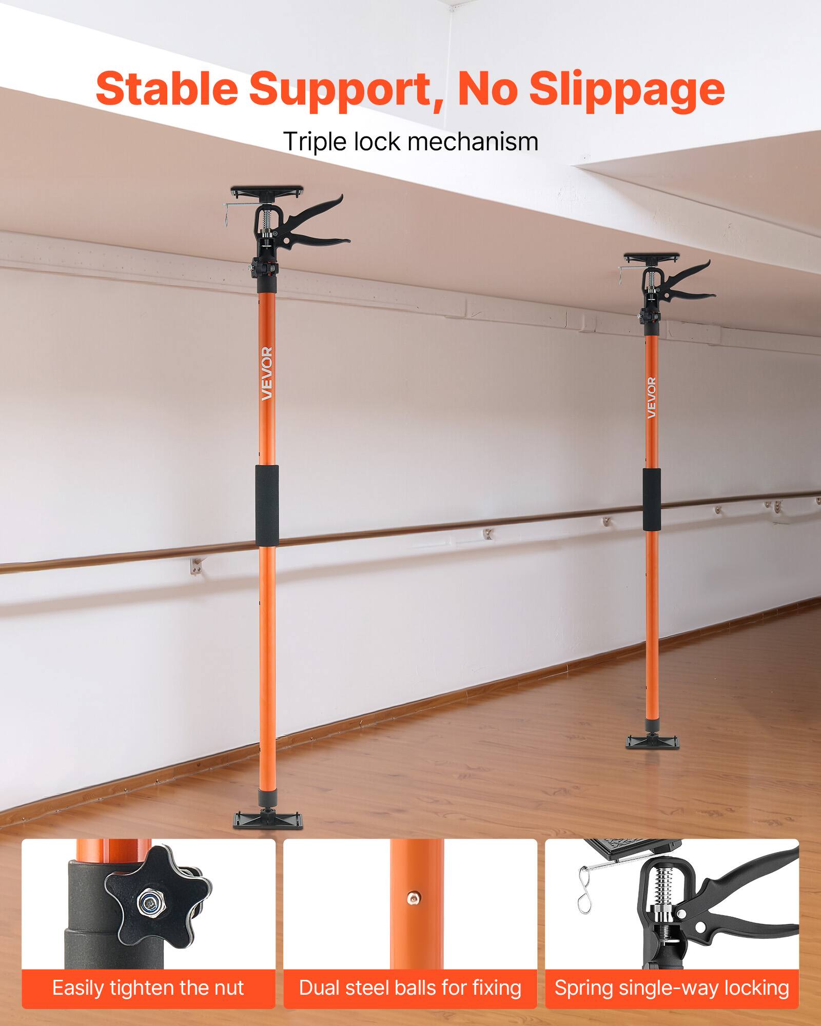Stable Support, No Slippage  
Triple lock mechanism  

Easily tighten the nut  
Dual steel balls for fixing  
Spring single-way locking