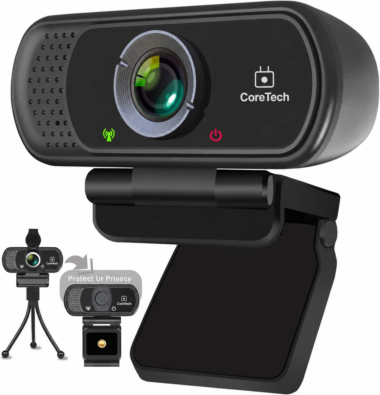Core Tech - Full HD 1080p USB-A Webcam with Noise-Reducing Microphone, 110-Degree Wide-Angle Lens, Privacy Cover and Tripod - Black