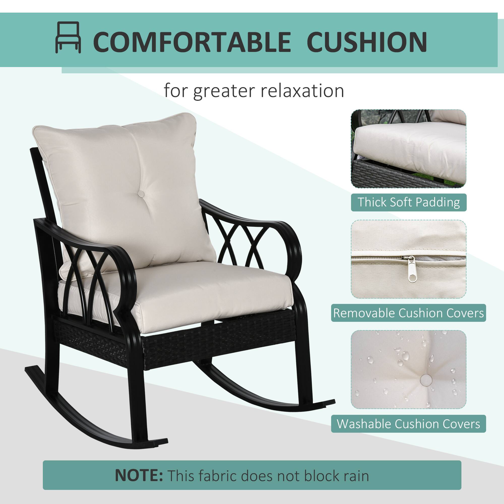 **COMFORTABLE CUSHION**  
for greater relaxation  

- Thick Soft Padding  
- Removable Cushion Covers  
- Washable Cushion Covers  

**NOTE:** This fabric does not block rain