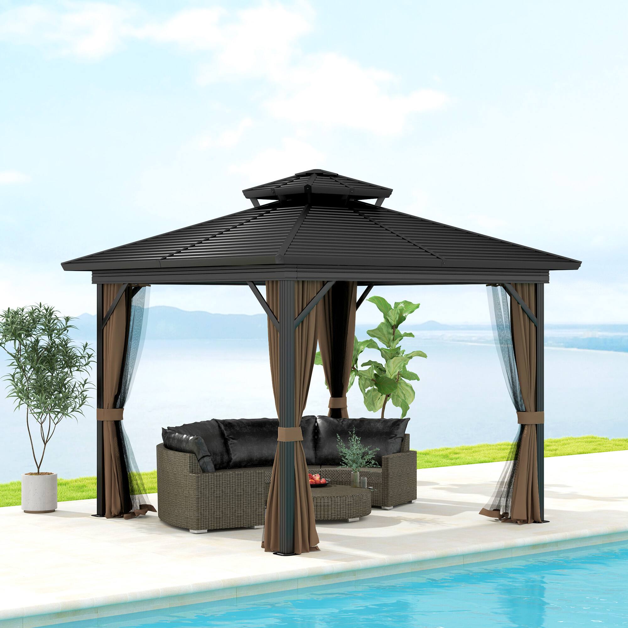 Alt View 1. Outsunny - 10' x 10' Hardtop Gazebo Canopy with Galvanized Steel Double Roof, Aluminum Frame, Permanent Pavilion Outdoor Gazebo - Brown.