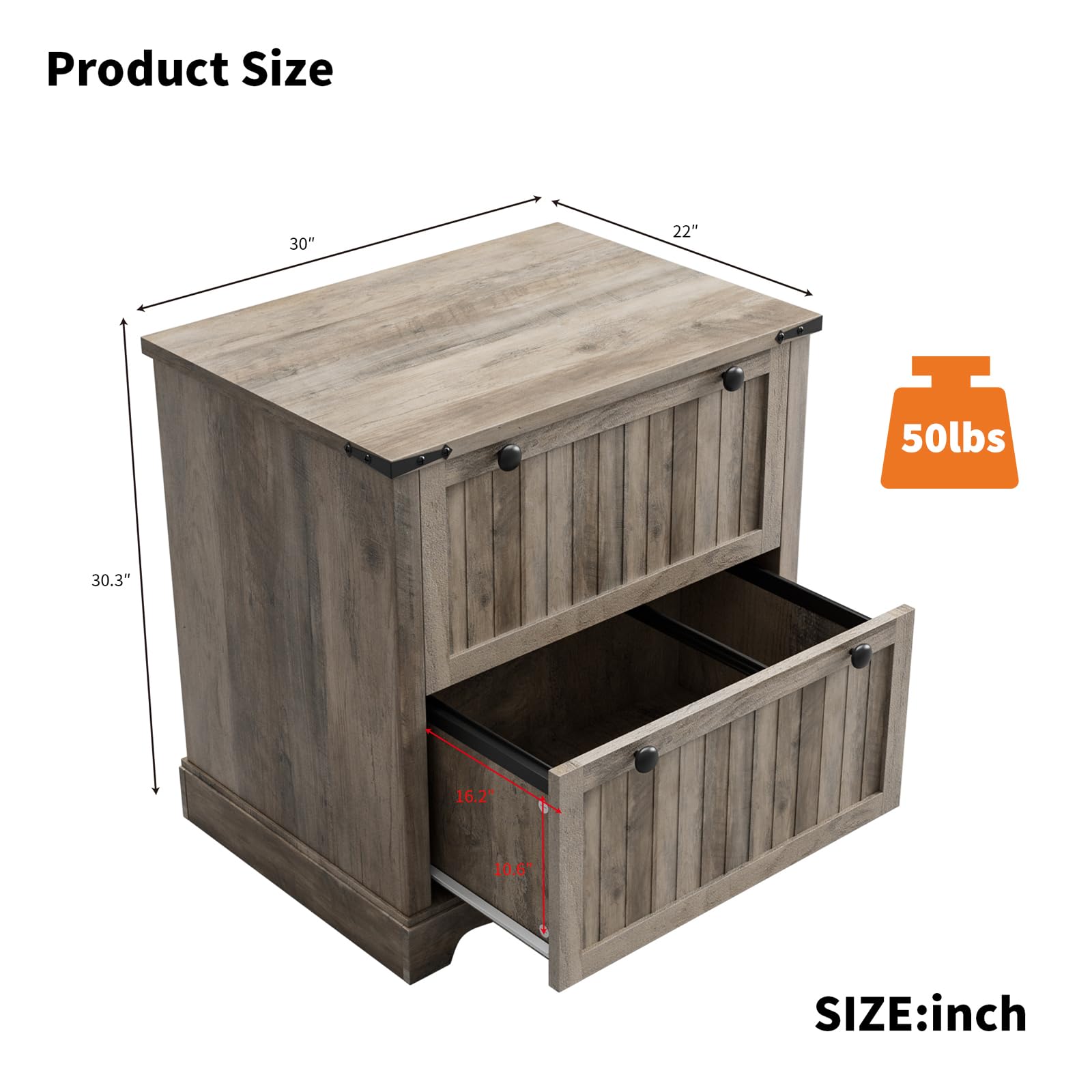 Product Size

- Length: 30"
- Width: 22"
- Height: 30.3"
- Drawer Height: 16.2"
- Drawer Depth: 10.6"

Weight Capacity: 50lbs

SIZE: inch
