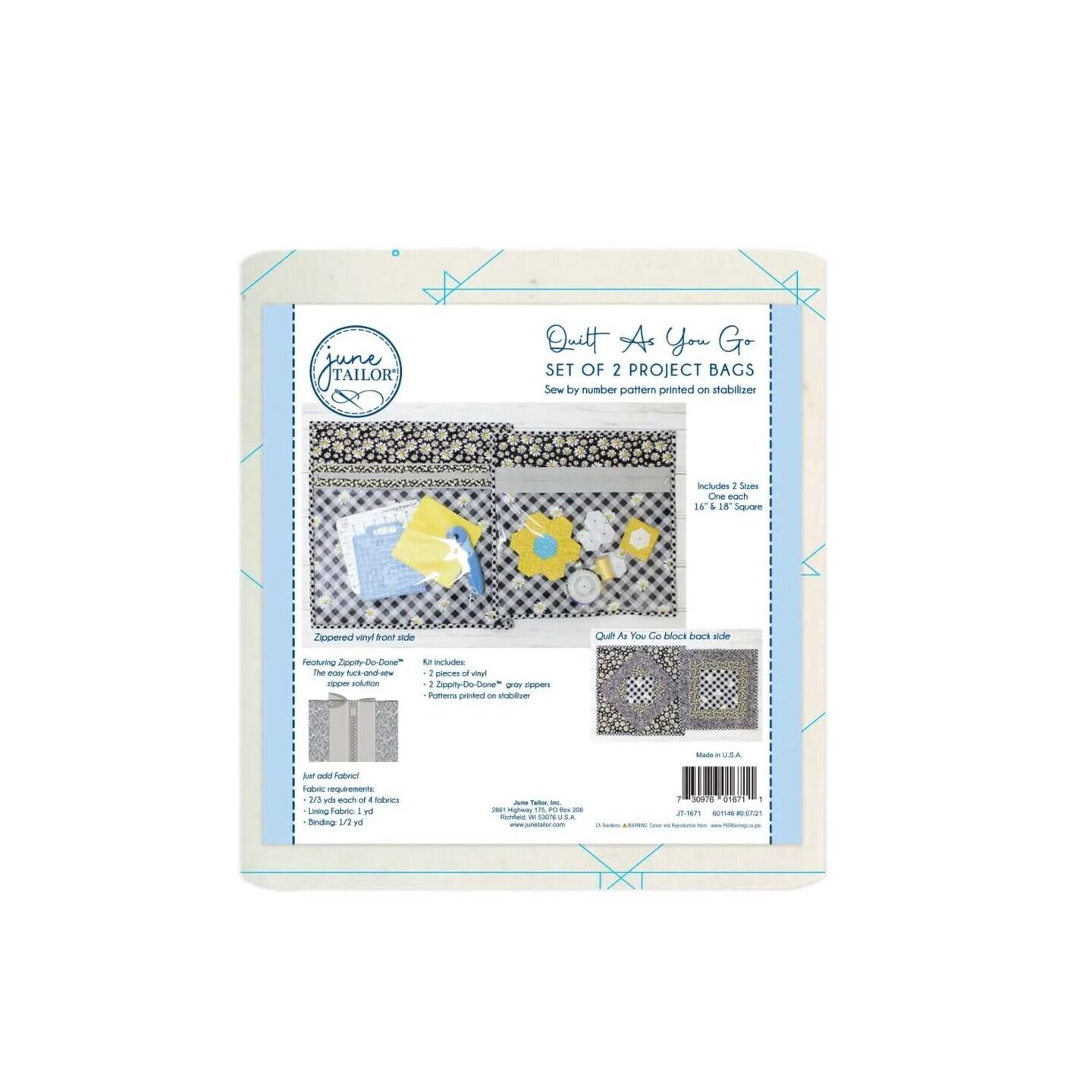 Quilt As You Go SET OF 2 PROJECT BAGS Sew by number pattern printed on stabilizer includes 2 sizes 1 6" x 16" Square Featured Zippered vinyl front side Includes: 2 pieces of vinyl 2 Zipper-Do-Done gray zipper pulls 2 zipper pulls and 1 stabilizer pattern Made in U.S.A. Just add fabric! Fabric requirements: Lining fabric: 1 yd Binding: 1/2 yd