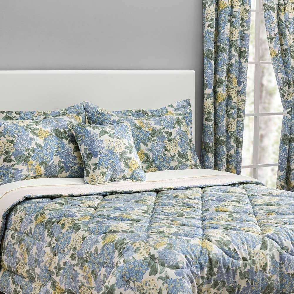 Left. Ellis Curtain - Ellis Hydrangea Classic Pattern Printed 1.5" Rod Pocket Window Tailored Pair with Ties 68"x63" Blue - Blue.
