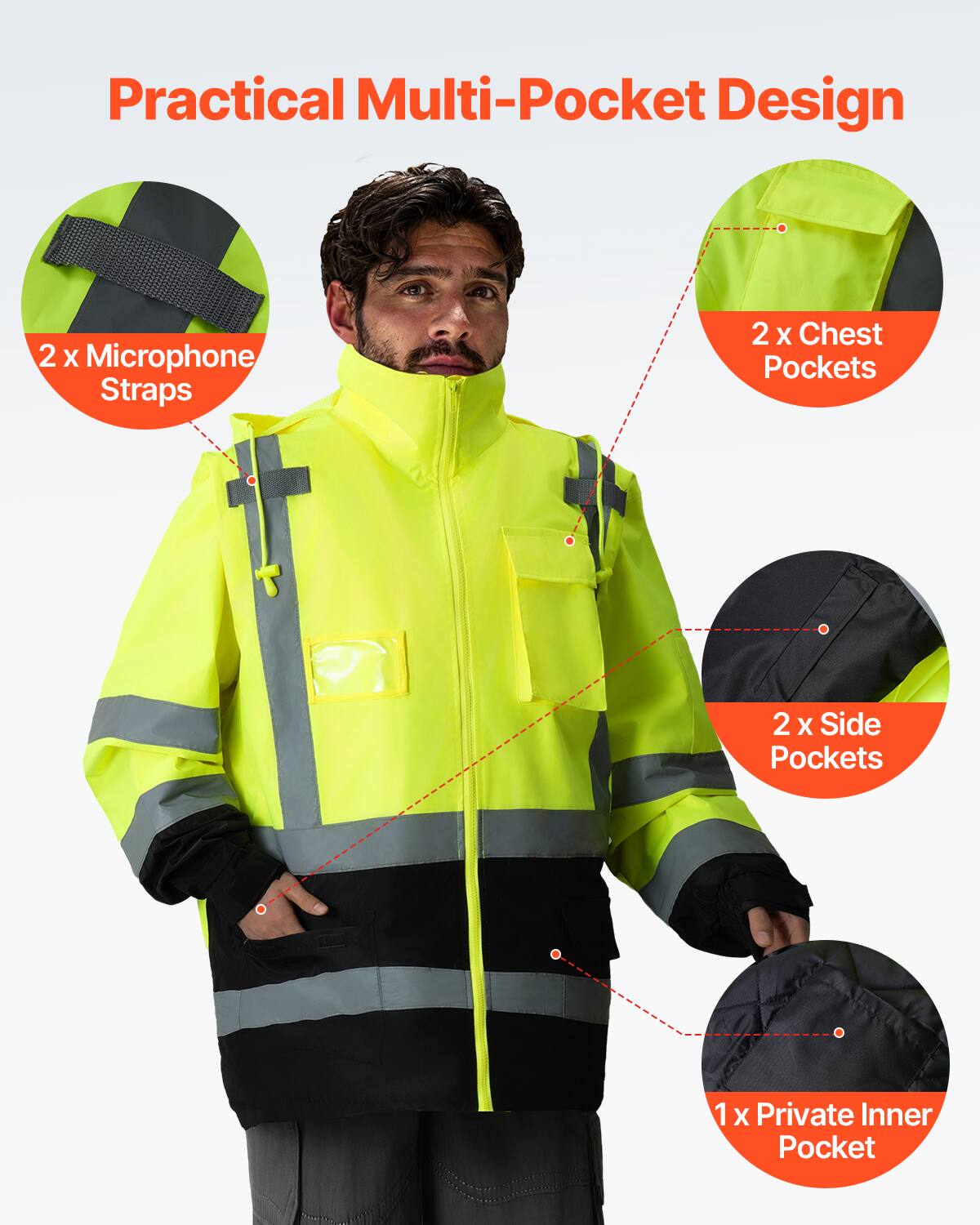 Practical Multi-Pocket Design  
2 x Microphone Straps  
2 x Chest Pockets  
2 x Side Pockets  
1 x Private Inner Pocket