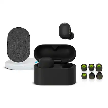 Front. Sony - Sony WF-1000XM6 Wireless Earbuds (Black) with Accessories Bundle.