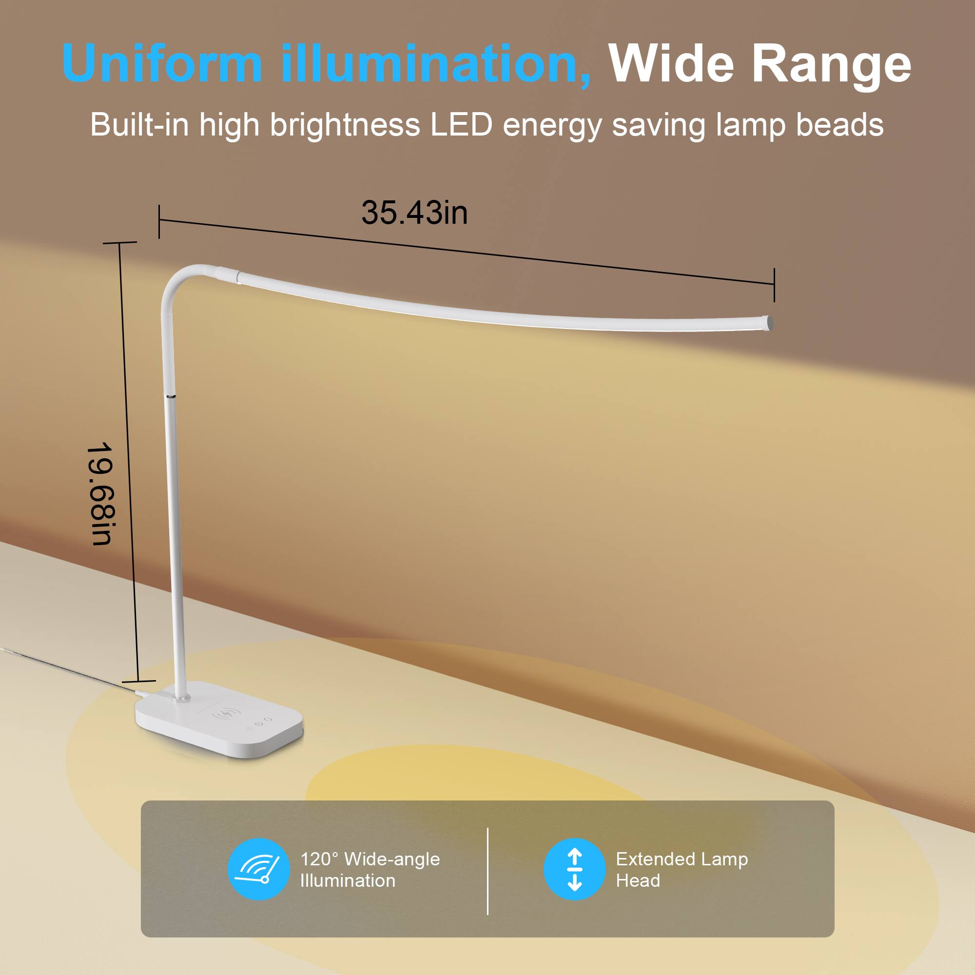 Uniform illumination, Wide Range. Built-in high brightness LED energy-saving lamp beads. 35.43in x 19.68in (120° Wide-angle Illumination). Extended Lamp Head.