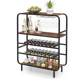 Gymax - 16 Bottle Wine Rack w/ Glass Holders Metal Frame Storage Shelf for Kitchen - Coffee