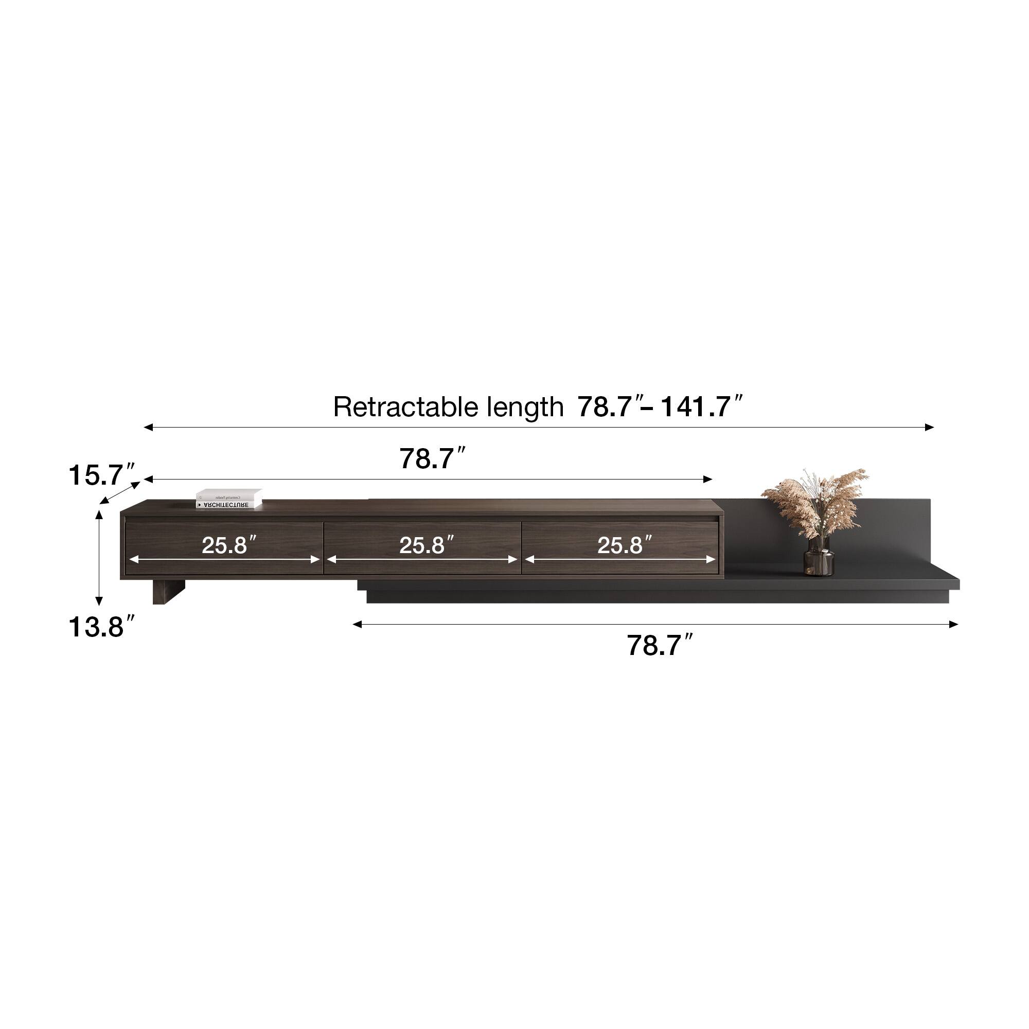 Retractable length: 78.7" - 141.7"

15.7" (width)
78.7" (length)
25.8" (depth)
13.8" (height)

25.8" (shelf depth)