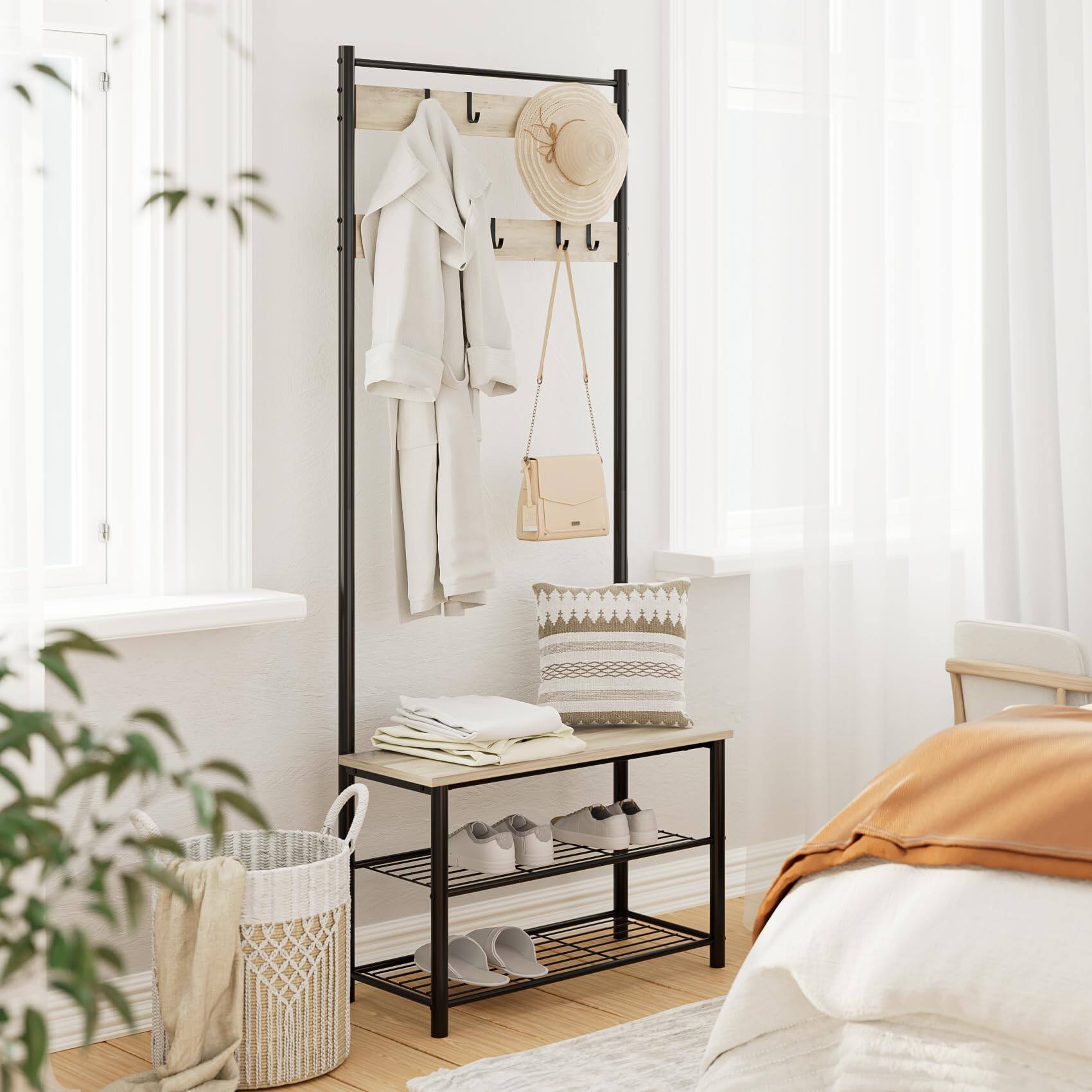 Alt View 4. Hirose Alice - Hall Tree with Bench and Shoe Storage -in-Coat Rack Freestanding Wooden Coat Rack with Shoe Bench with Meta... - Greige.