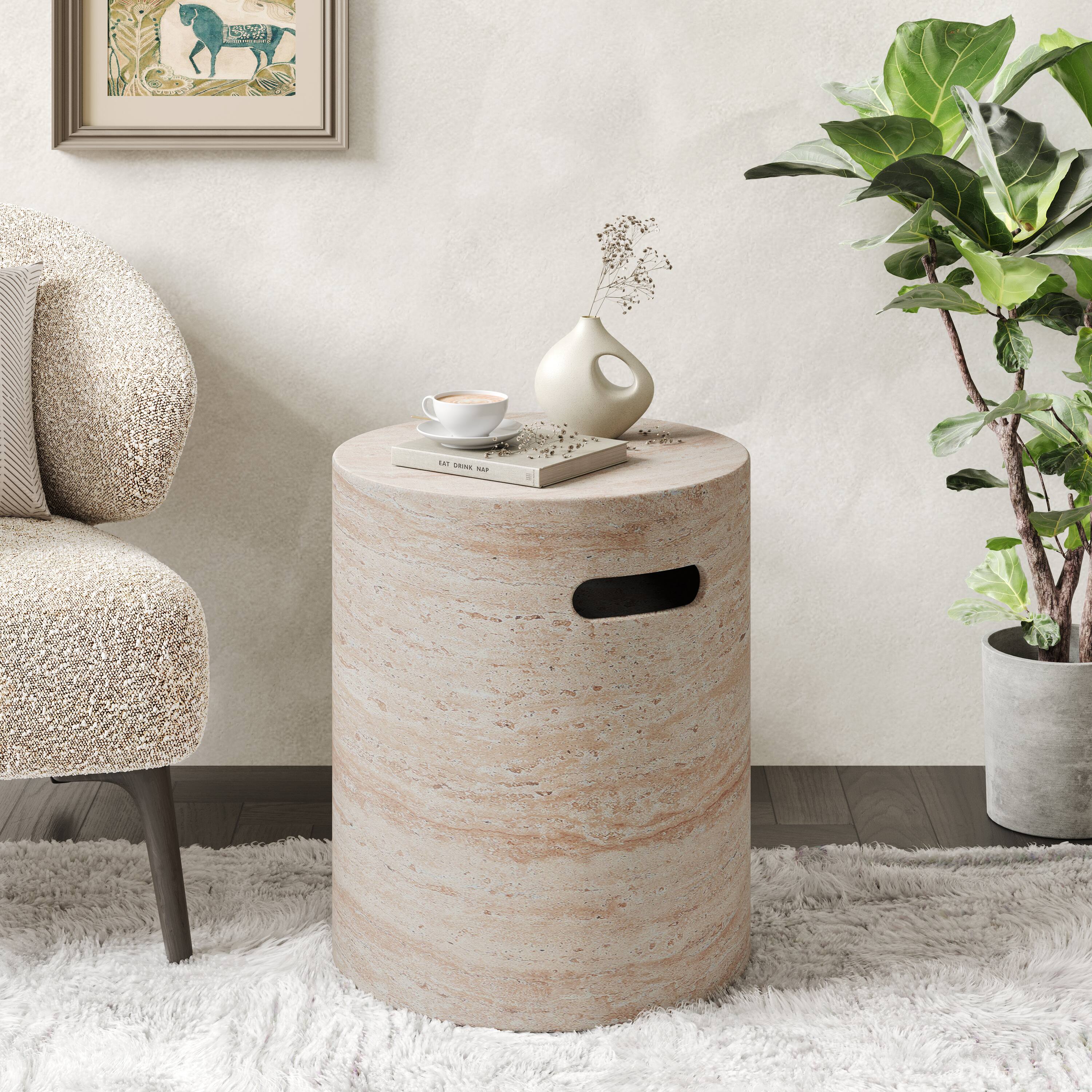 Angle. APRILSOUL - Outdoor and Indoor Lightweight Concrete Side Table With Side Handles Travertine Finish - Beige.