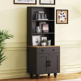 HTUTWOO - 5-Tier Farmhouse Bookshelf with Drawer & Adjustable Shelves, Sturdy Gourd-Shaped Wood Legs for Living Room Bedroom - Black